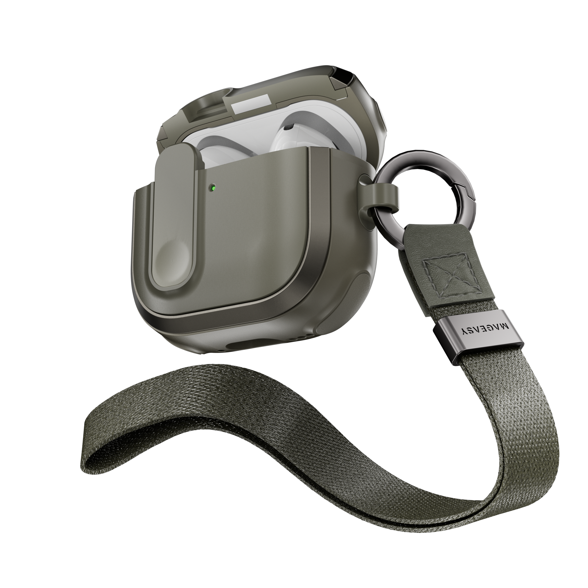 MAGEASY Odyssey AirPods 4 case in Metal Green, open case with wrist strap for everyday carry