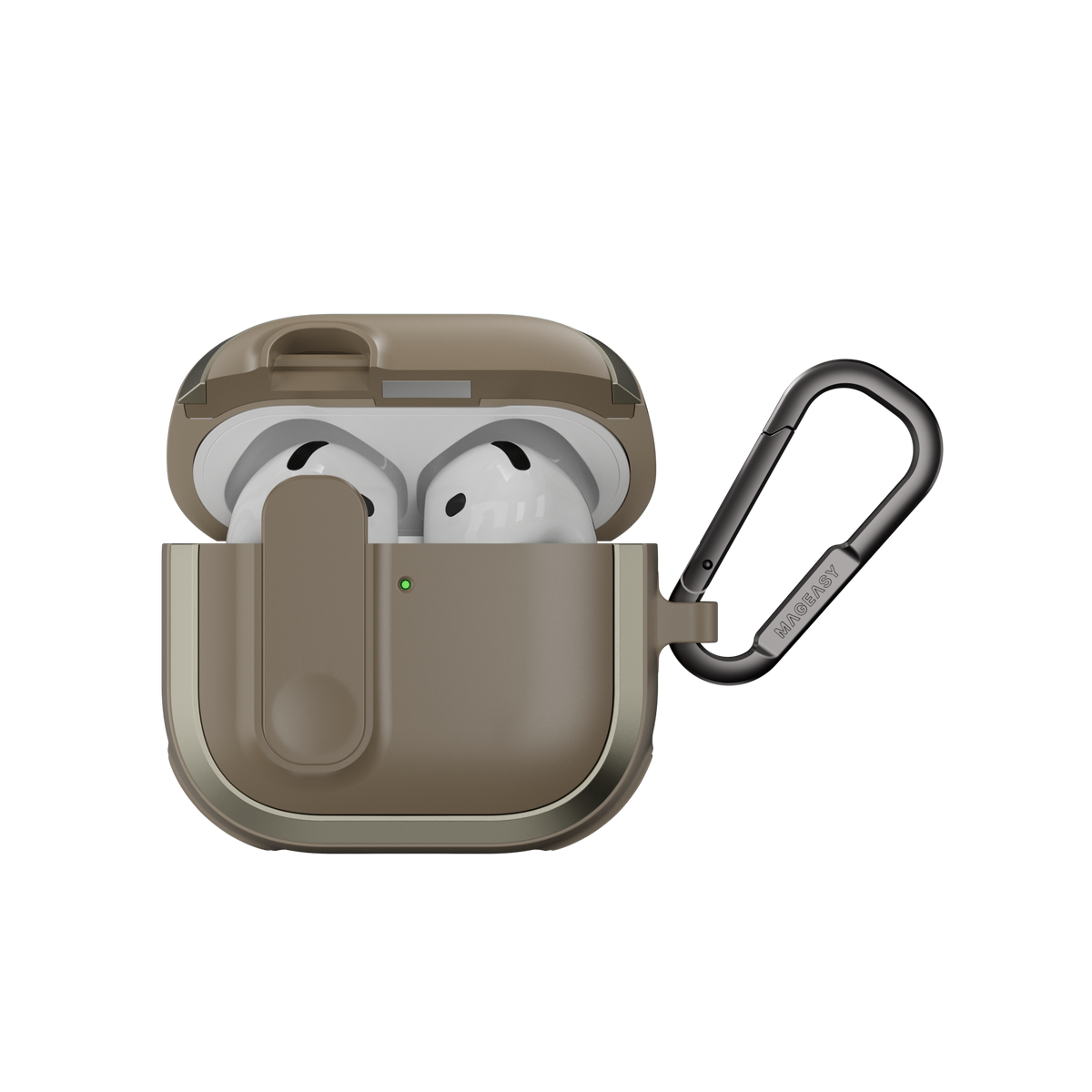 MAGEASY Odyssey AirPods 4 rugged case in Metal Sand, open front view with magnetic lock and carabiner