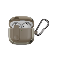 MAGEASY Odyssey AirPods 4 rugged case in Metal Sand, open front view with magnetic lock and carabiner