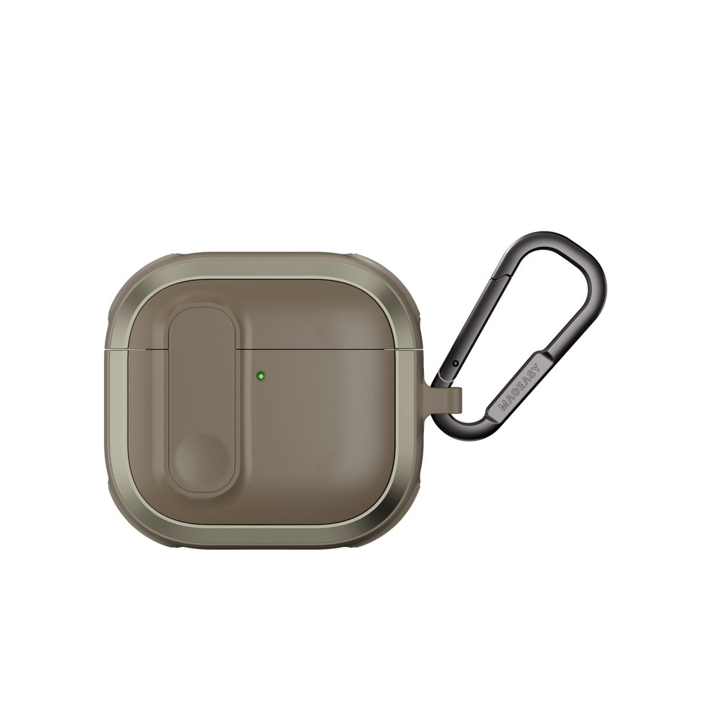 MAGEASY Odyssey AirPods 4 protective case in Metal Sand, closed front view with secure latch