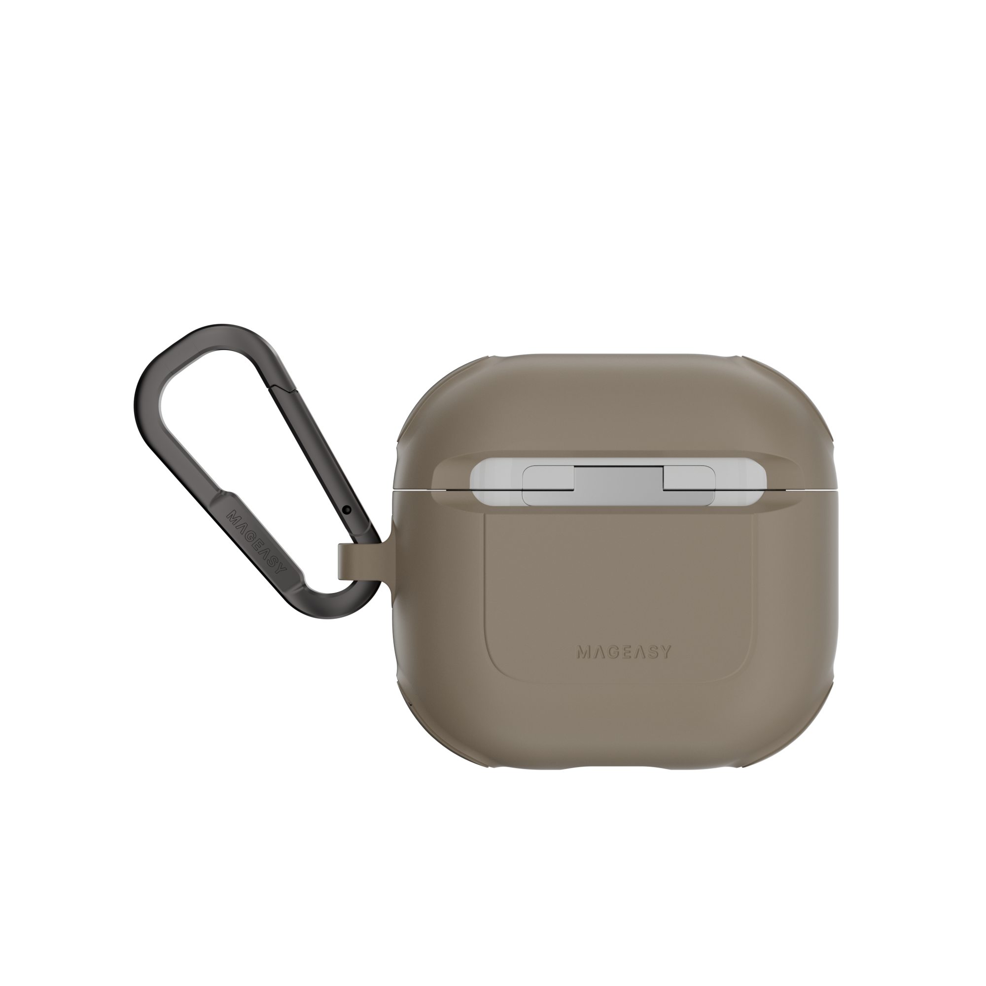 MAGEASY Odyssey AirPods 4 case in Metal Sand, back view with hinge cover and carabiner clip