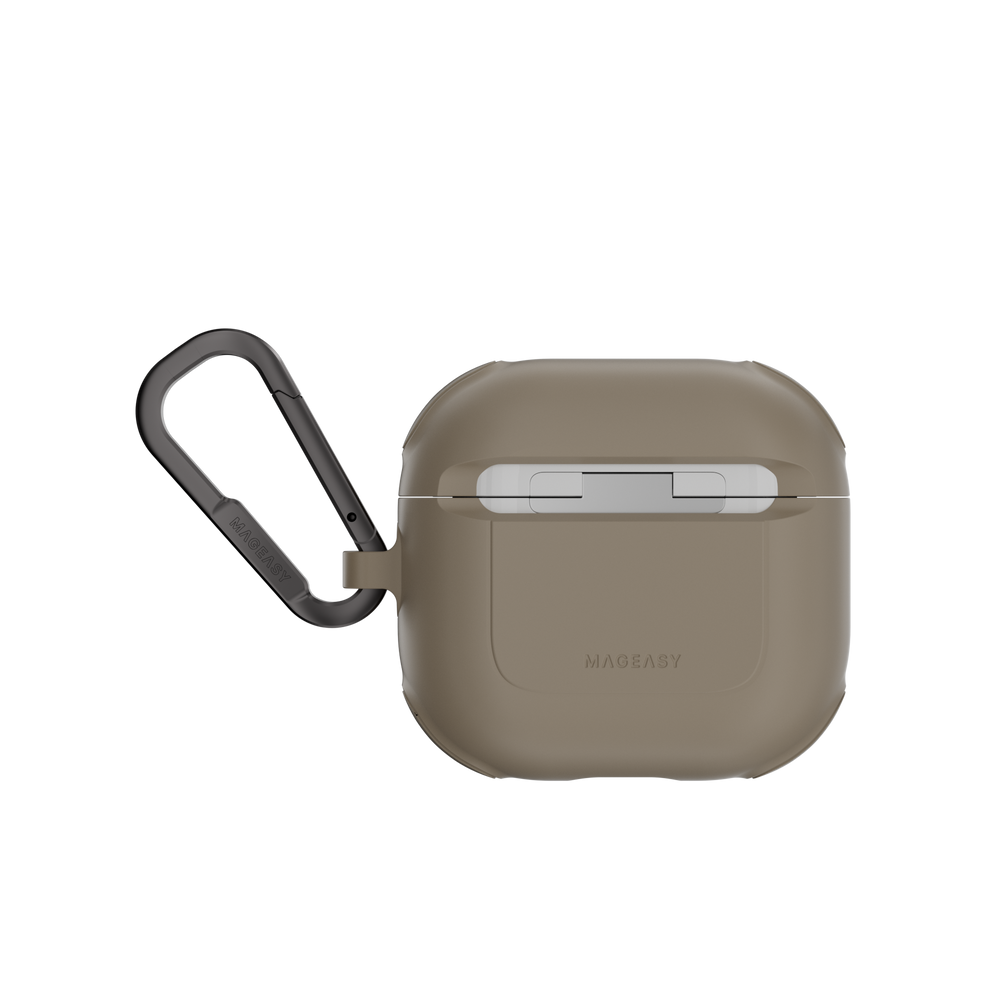 MAGEASY Odyssey AirPods 4 case in Metal Sand, back view with hinge cover and carabiner clip