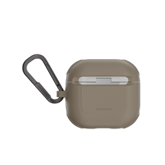 MAGEASY Odyssey AirPods 4 case in Metal Sand, back view with hinge cover and carabiner clip