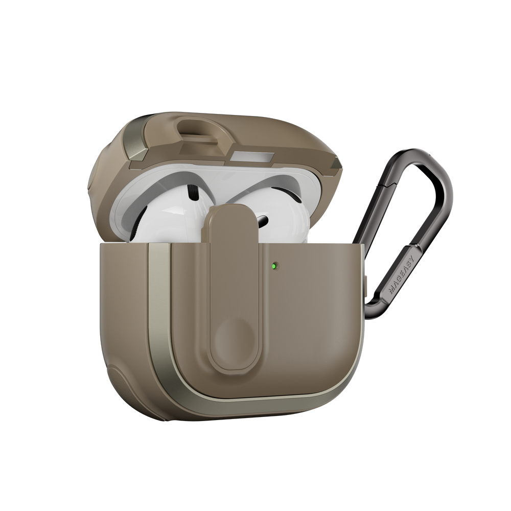 MAGEASY Odyssey AirPods 4 shockproof case in Metal Sand, side profile showing protective shell