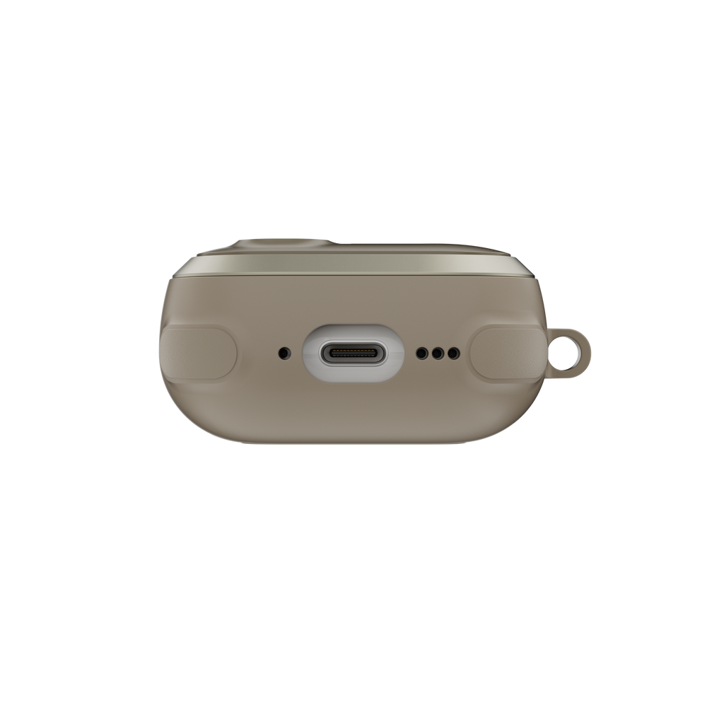 MAGEASY Odyssey AirPods 4 case in Metal Sand, bottom view with charging port access