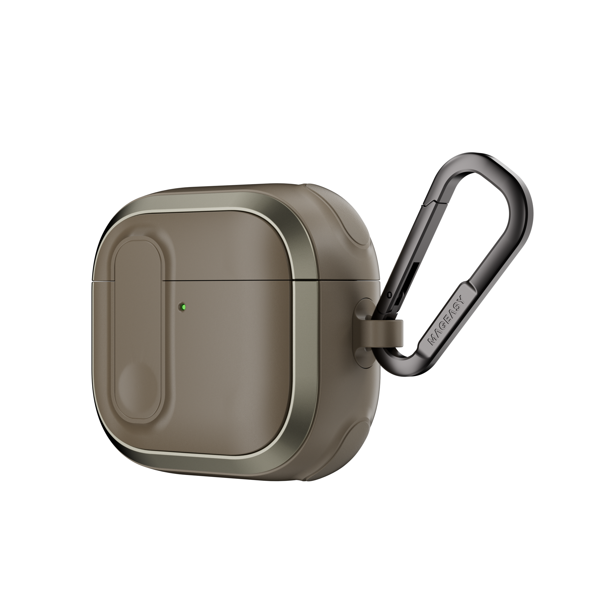 MAGEASY Odyssey AirPods 4 outdoor case in Metal Sand, angled side view with metal carabiner