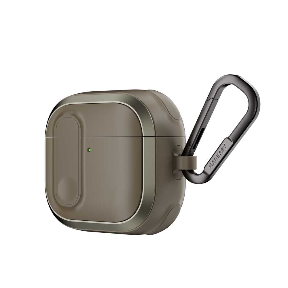 MAGEASY Odyssey AirPods 4 outdoor case in Metal Sand, angled side view with metal carabiner