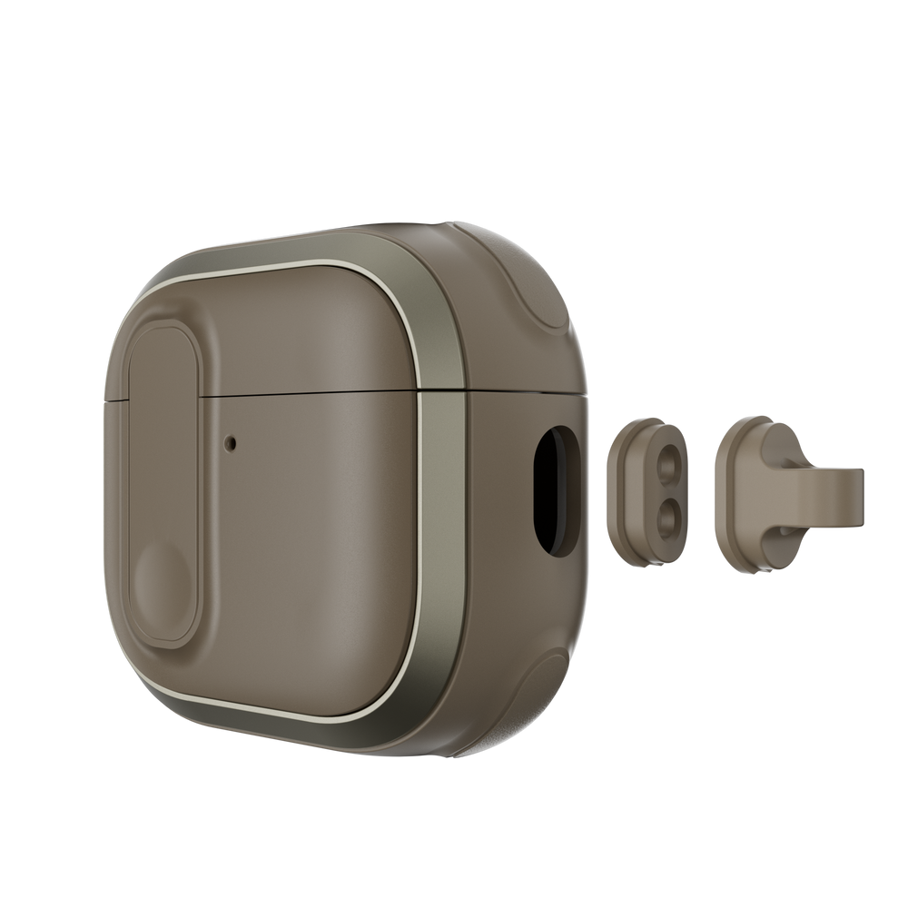 MAGEASY Odyssey AirPods 4 cover in Metal Sand, detachable hook and accessory mount detail
