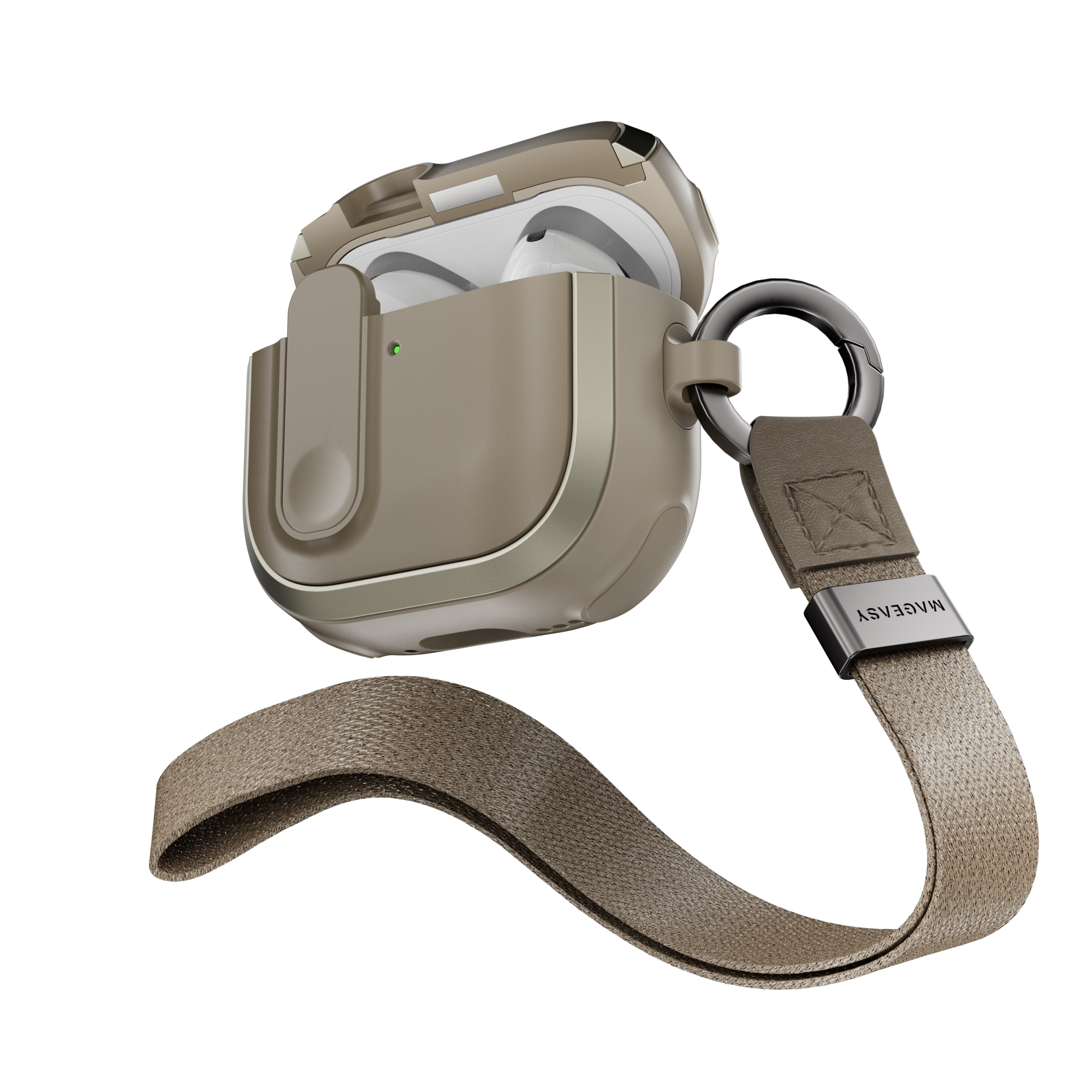 MAGEASY Odyssey AirPods 4 case in Metal Sand, open case with wrist strap for everyday carry