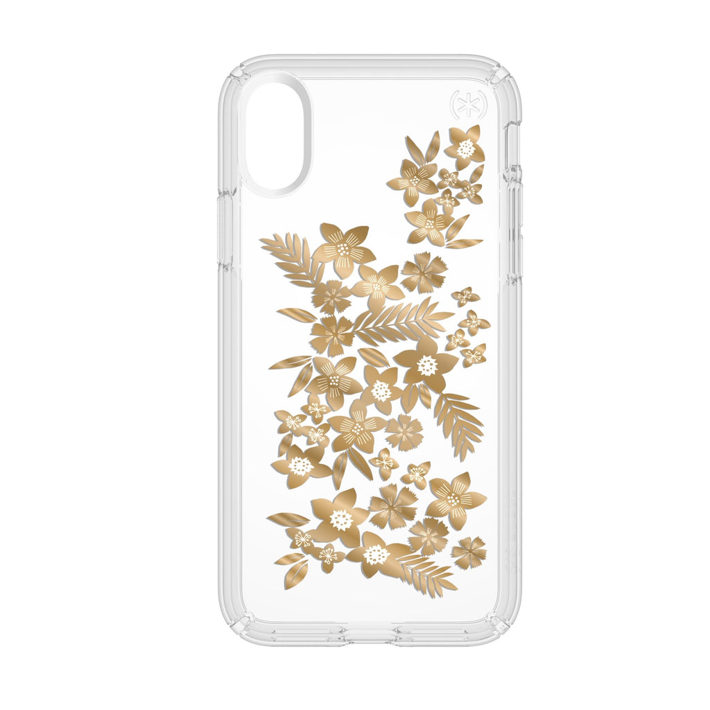 Speck Presidio Clear + Print Impact Protection Case For iPhone XS / X - Shimmer Floral Metallic Gold Yellow