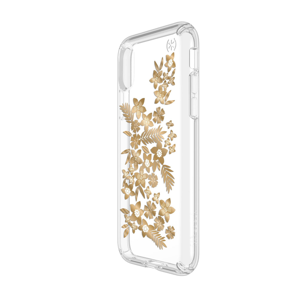 Speck Presidio Clear + Print Impact Protection Case For iPhone XS / X - Shimmer Floral Metallic Gold Yellow