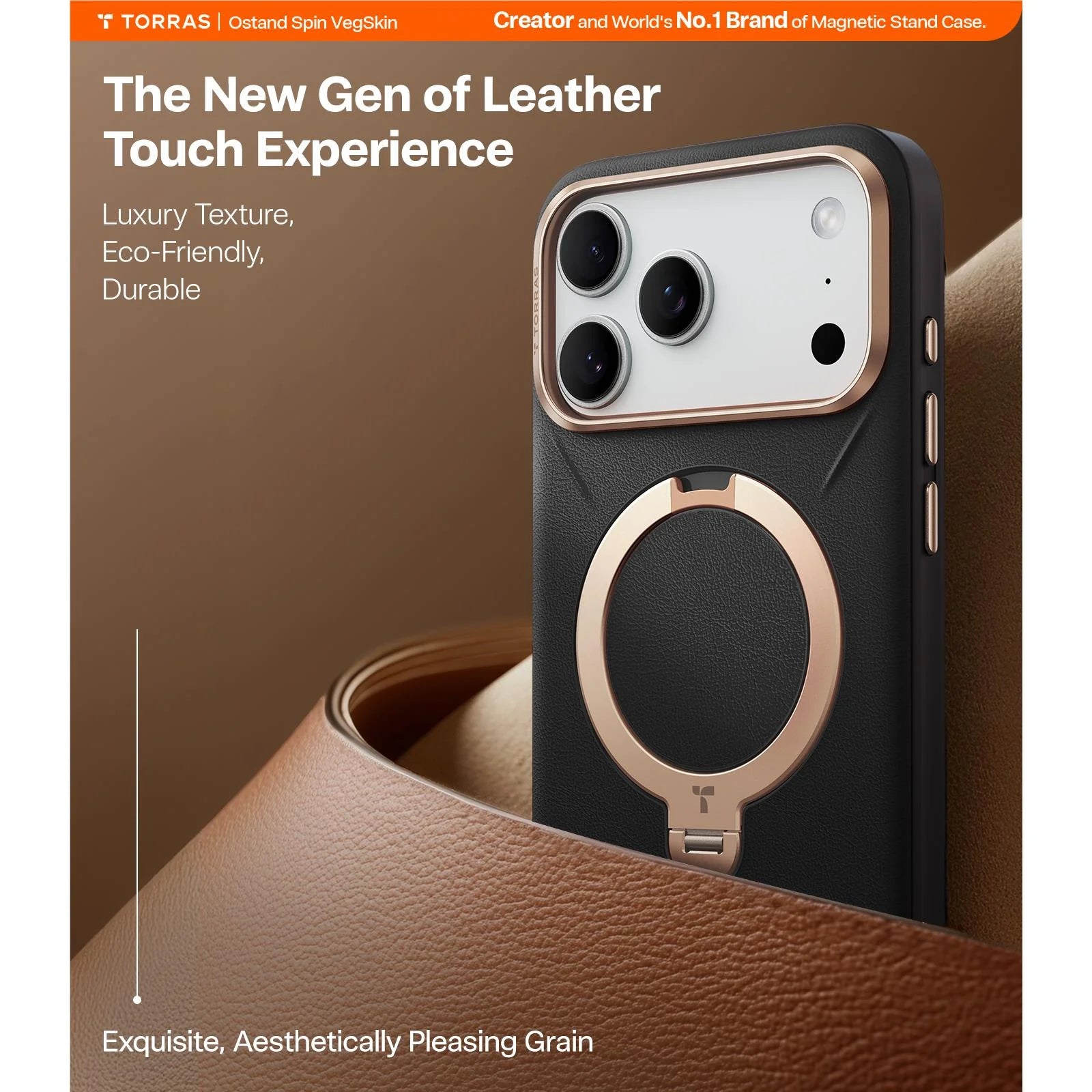 Torras Ostand Spin Vegan Leather MagSafe Case iPhone 17 Pro - Black / Gold
