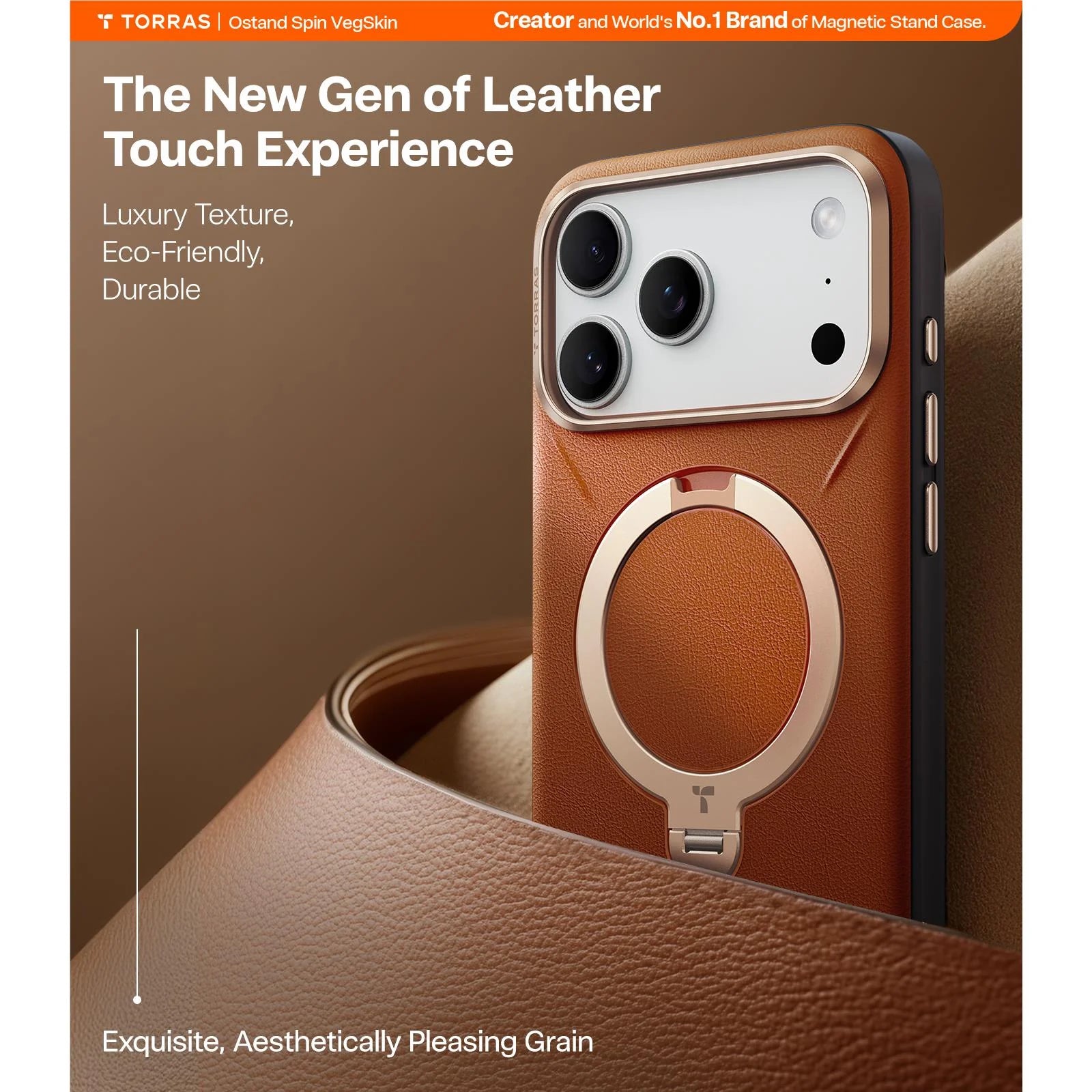 Torras Ostand Spin Vegan Leather MagSafe Case iPhone 17 Pro - Elegant Brown