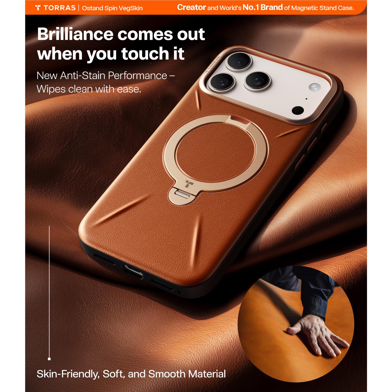 Torras Ostand Spin Vegan Leather MagSafe Case iPhone 17 Pro - Elegant Brown