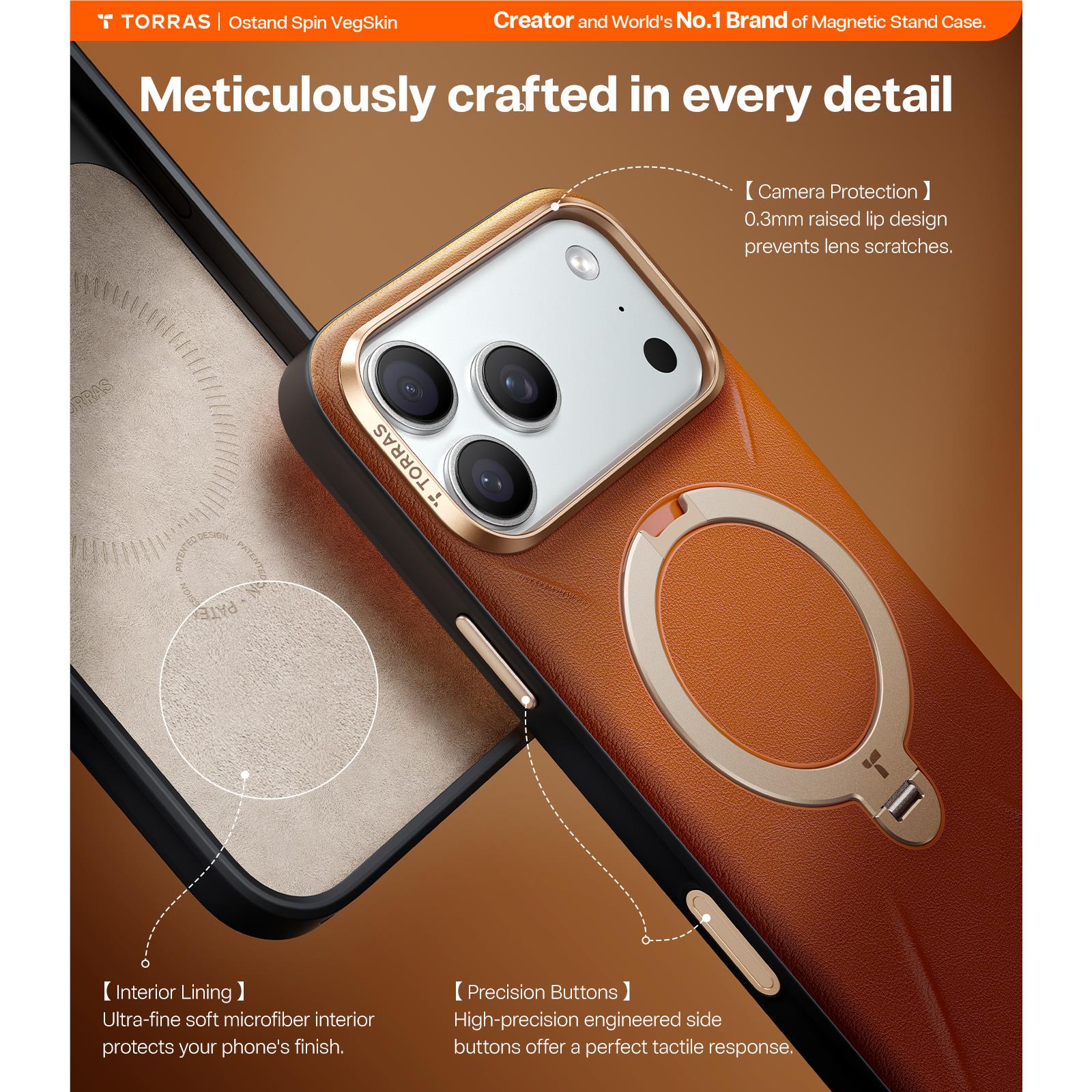 Torras Ostand Spin Vegan Leather MagSafe Case iPhone 17 Pro - Elegant Brown