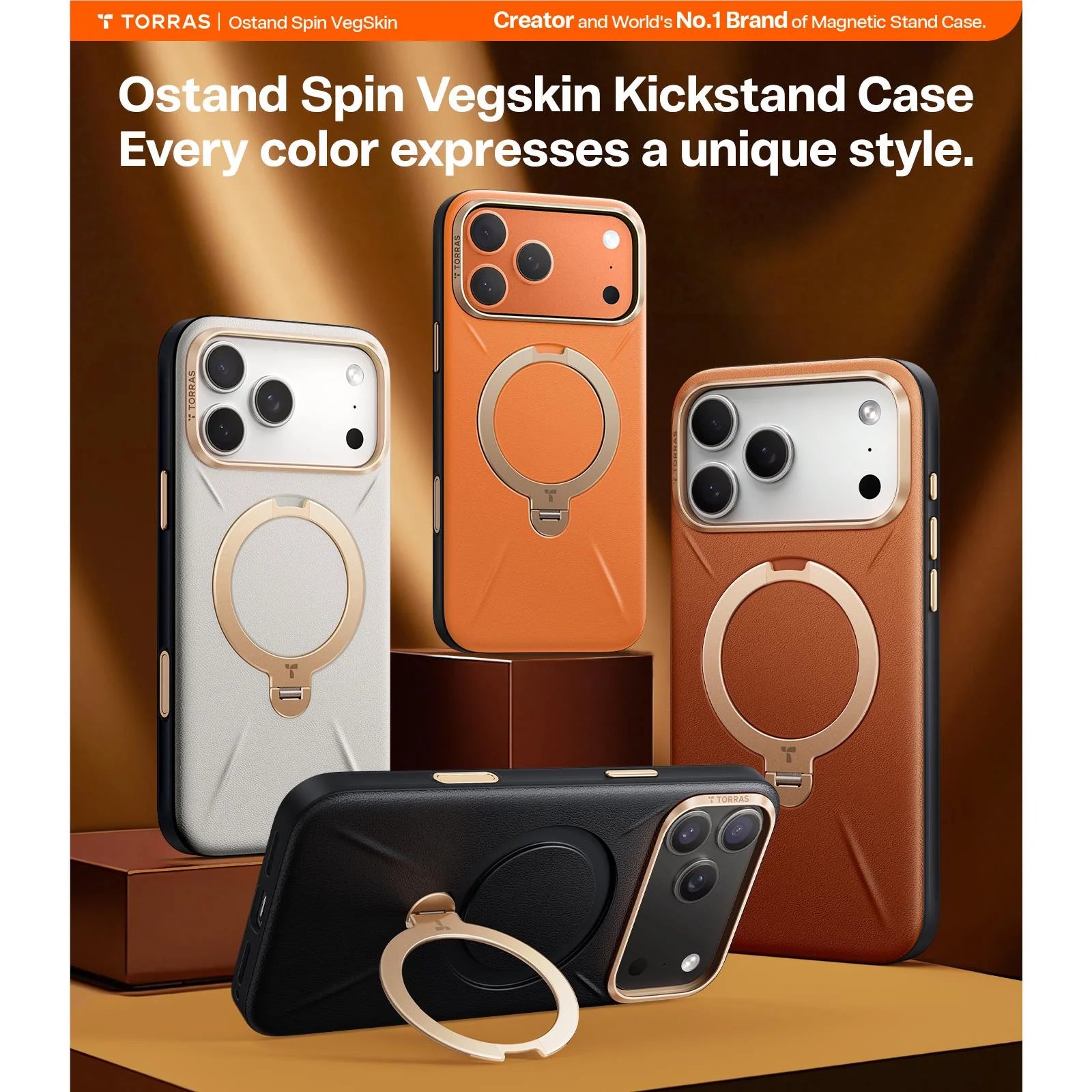 Torras Ostand Spin Vegan Leather MagSafe Case iPhone 17 Pro Max - Black / Gold