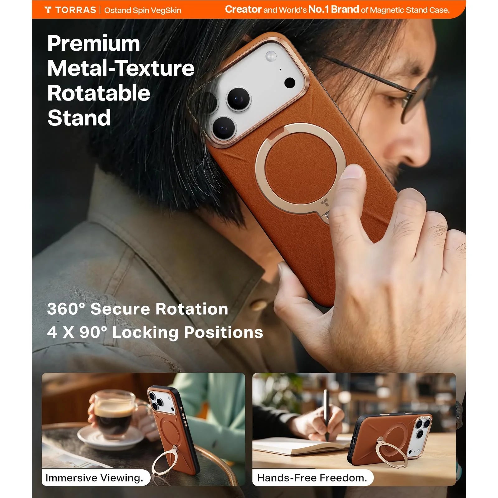 Torras Ostand Spin Vegan Leather MagSafe Case iPhone 17 Pro Max - Elegant Brown