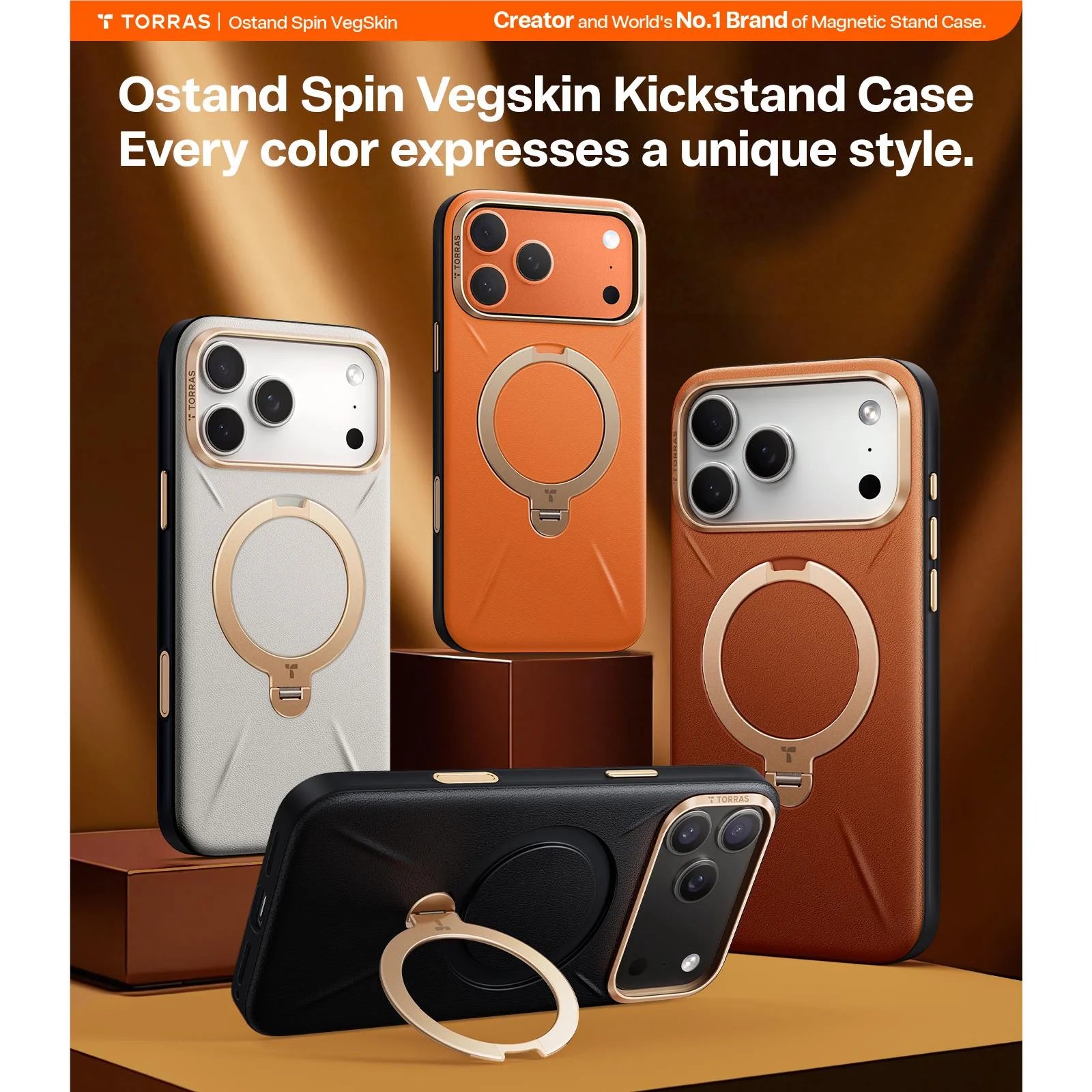 Torras Ostand Spin Vegan Leather MagSafe Case iPhone 17 Pro Max - Elegant Brown