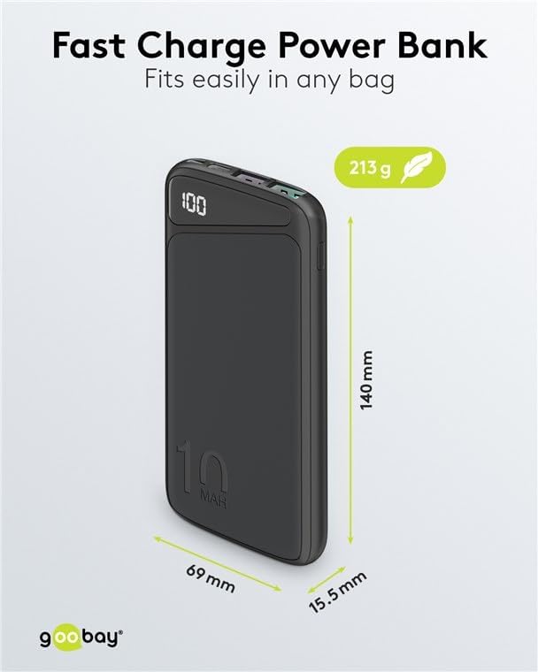 Goobay Portable Powerbank 10K mAh LED USB-A QC/USB-C PD - Black