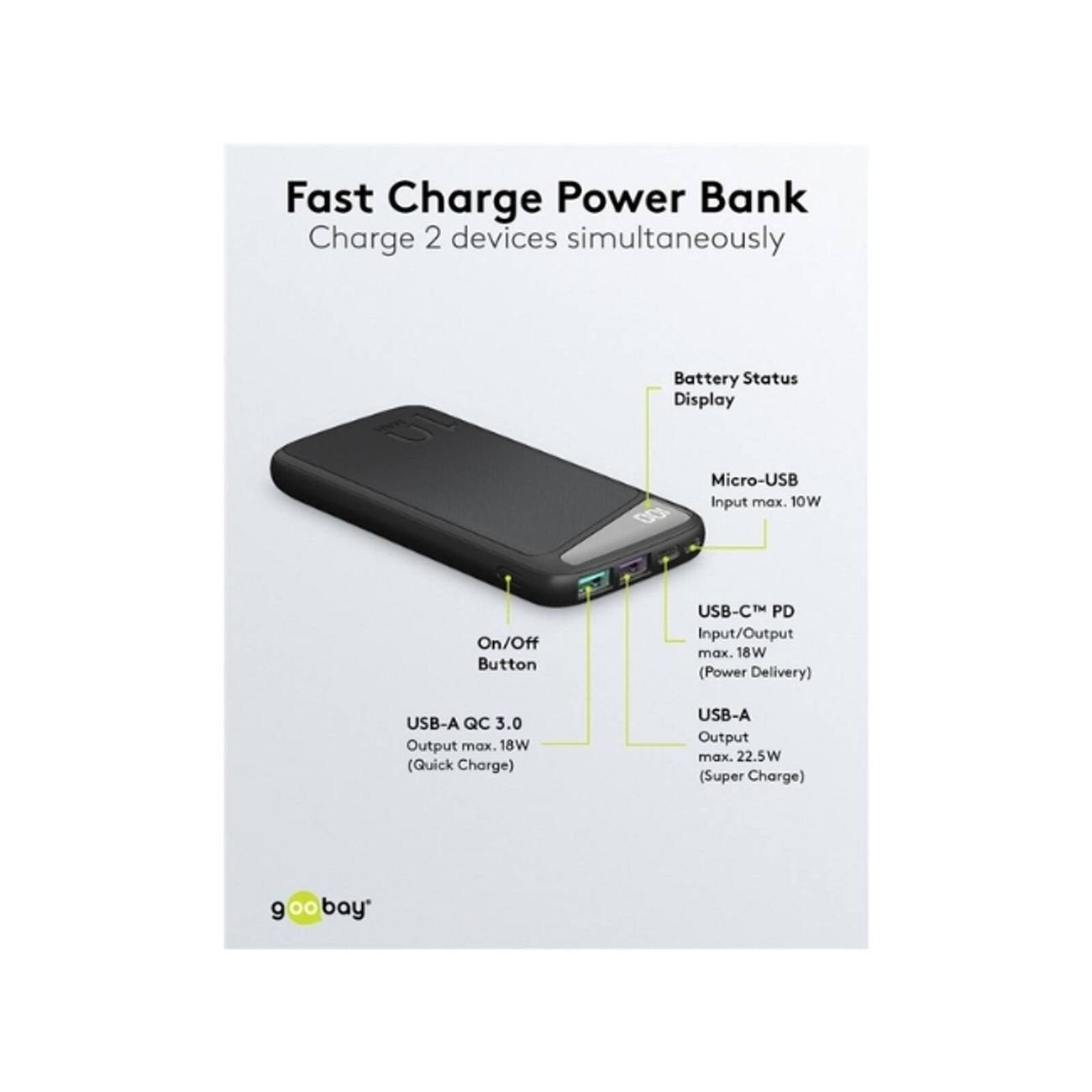 Goobay Portable Powerbank 10K mAh LED USB-A QC/USB-C PD - Black