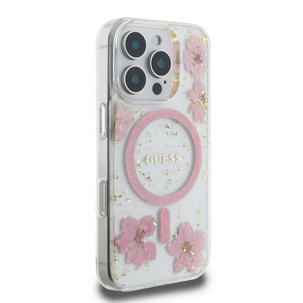 GUESS Real Flower & Glitter MagSafe Case iPhone 16 Pro 6.3 - Clear Pink