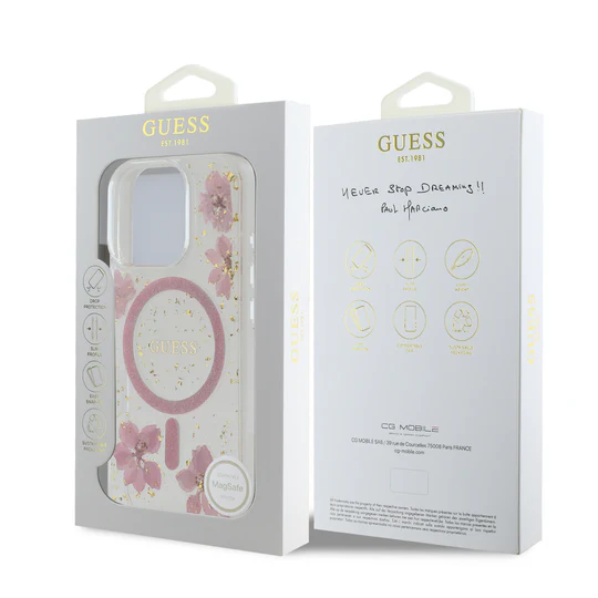 GUESS Real Flower & Glitter MagSafe Case iPhone 16 Pro 6.3 - Clear Pink