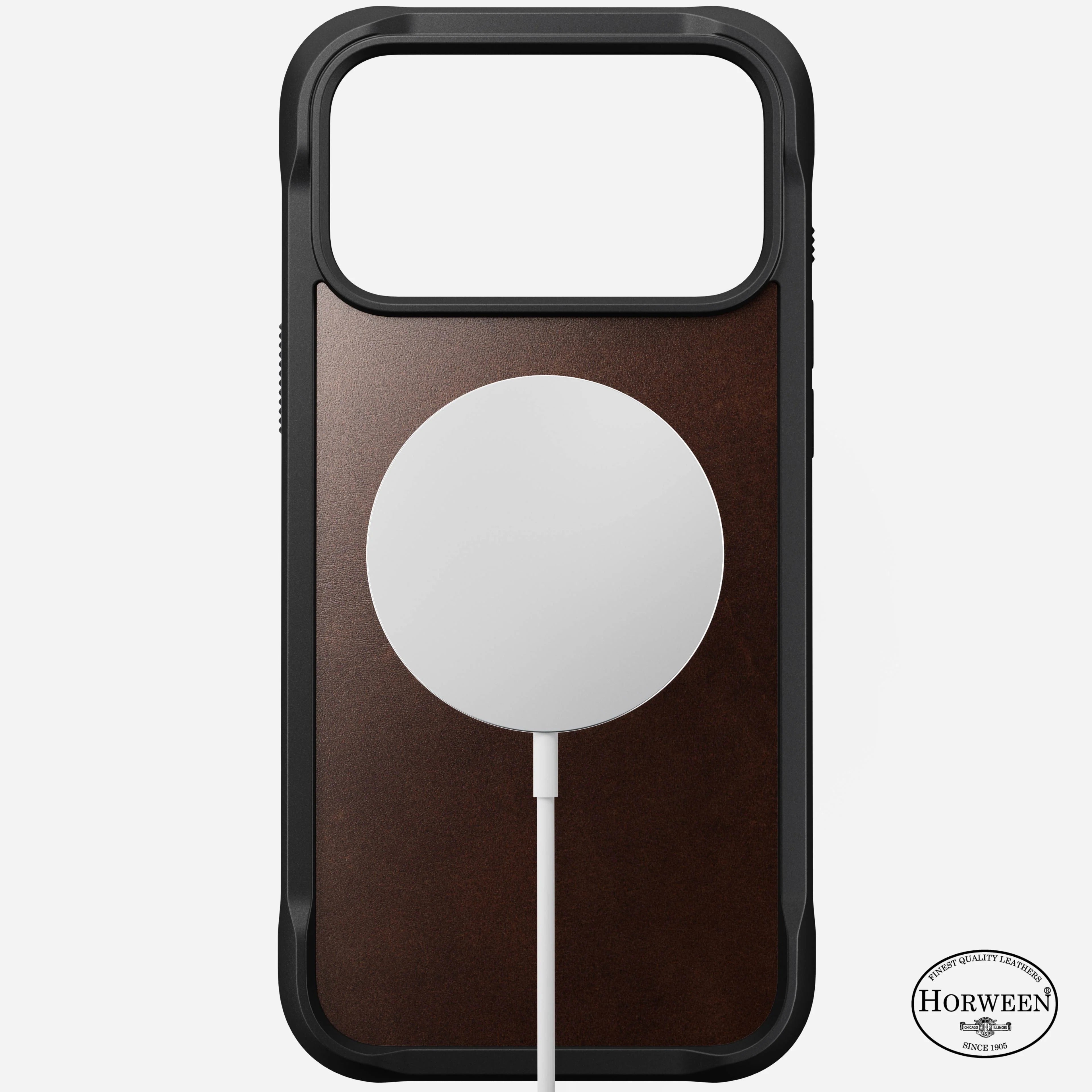 nomad rugged case for iphone 17 pro rustic brown leather grain closeup