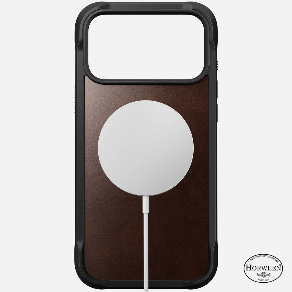 nomad rugged case for iphone 17 pro rustic brown leather grain closeup