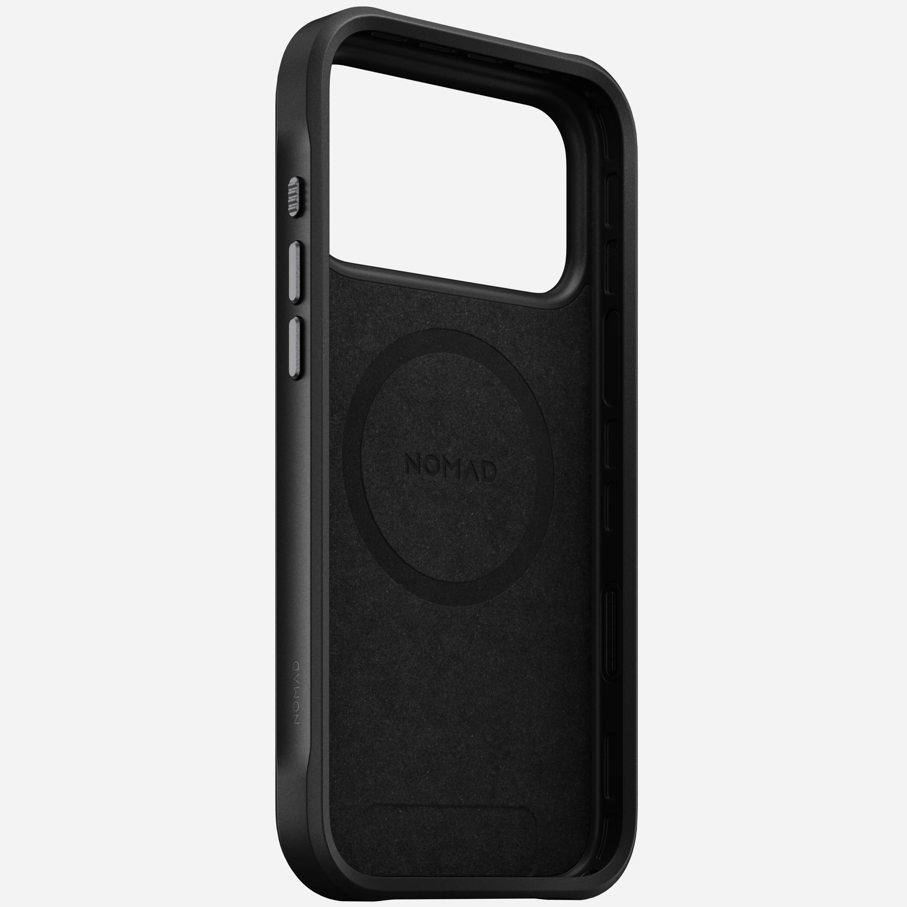 nomad rugged case for iphone 17 pro black leather grain closeup