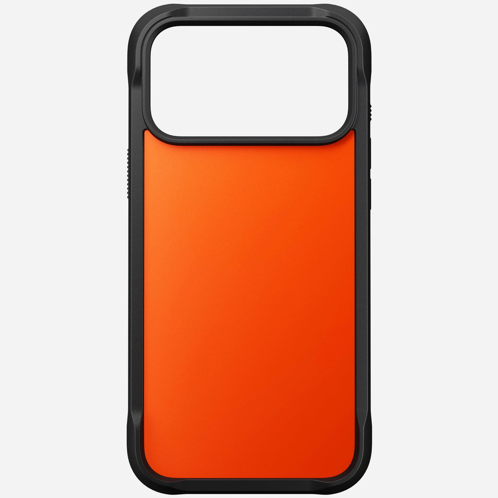 nomad rugged case for iphone 17 pro ultra orange leather grain closeup