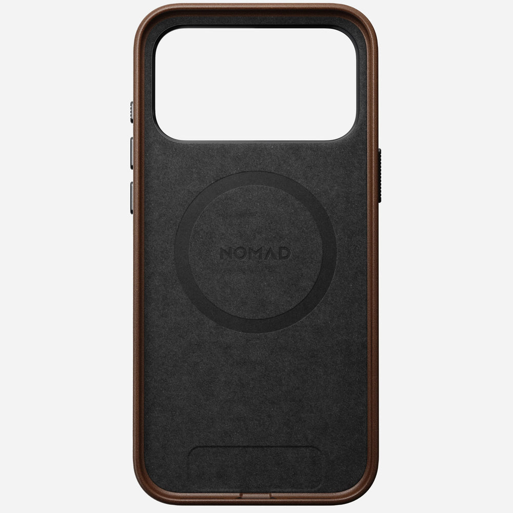 nomad leather case for iphone 17 pro brown in-hand photo