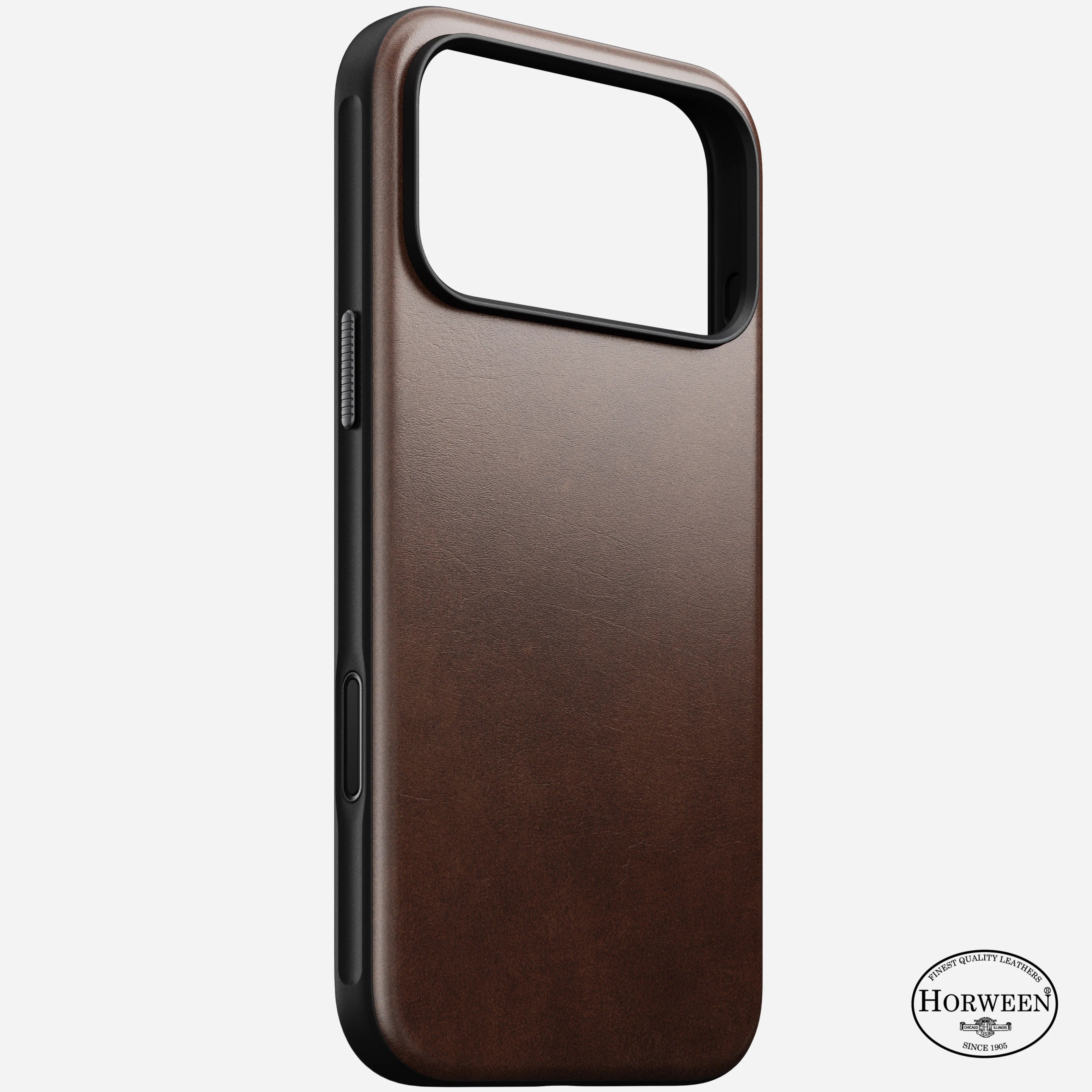 nomad leather case for iphone 17 pro max brown buttons detail