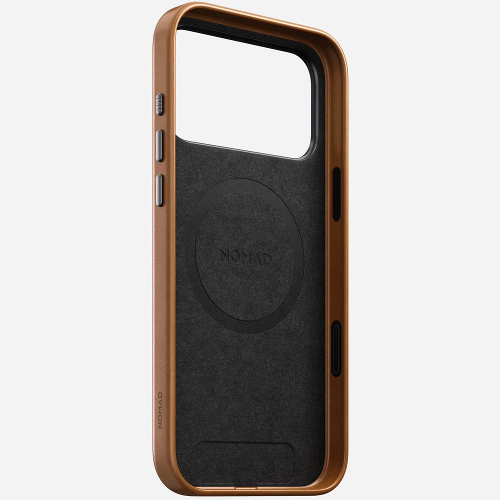 nomad leather case for iphone 17 pro english tan buttons detail