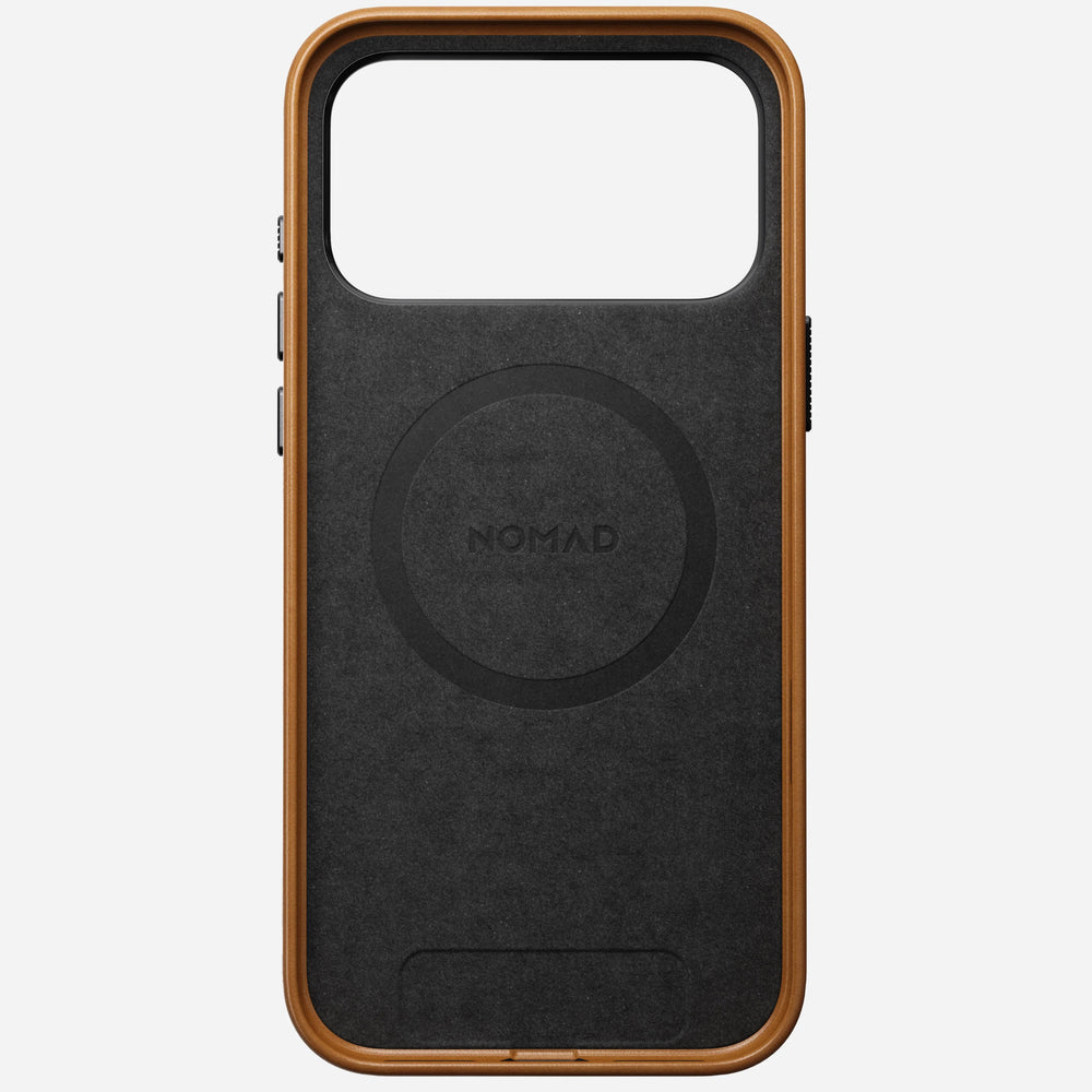 nomad leather case for iphone 17 pro english tan leather grain closeup