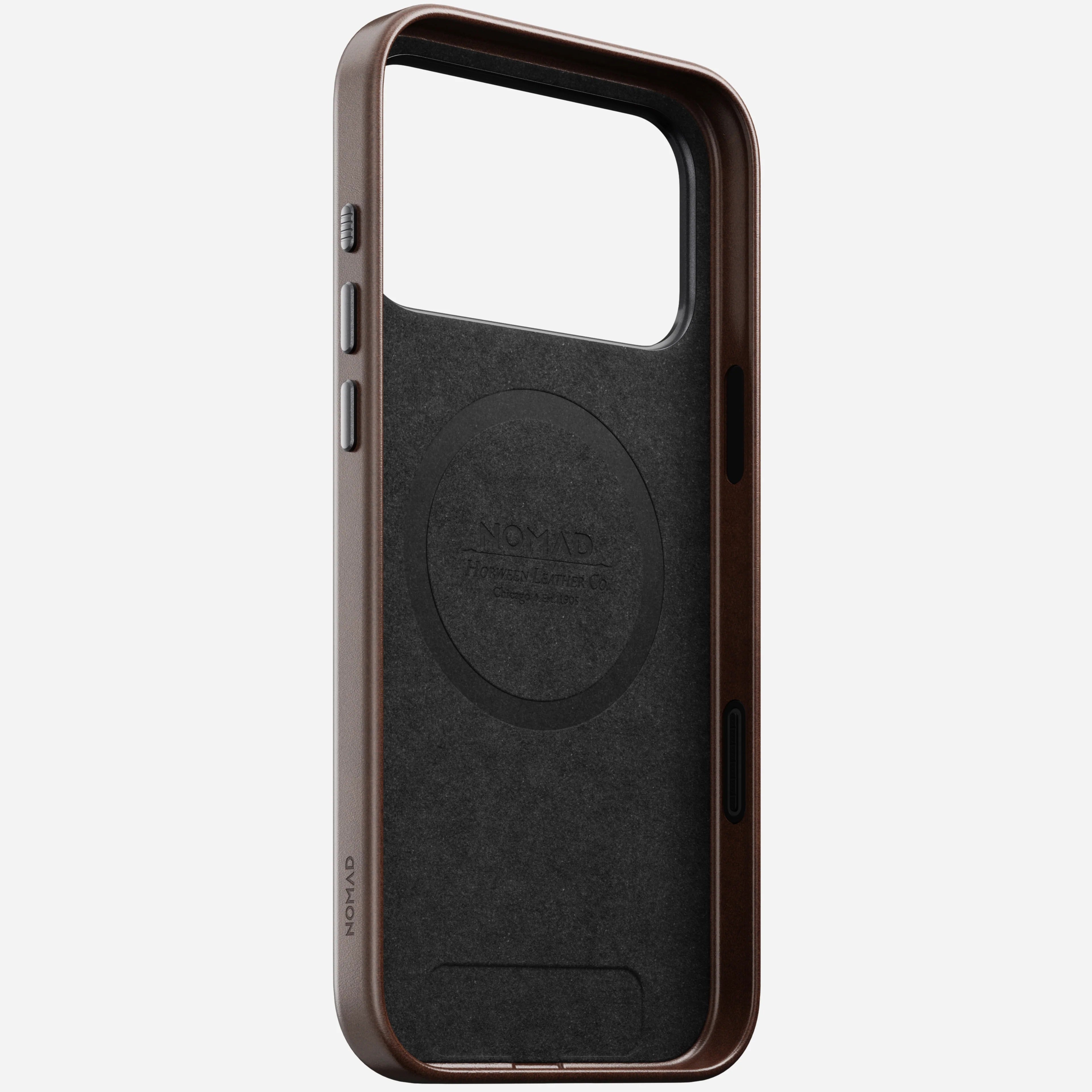 nomad horween case for iphone 17 pro rustic brown buttons detail