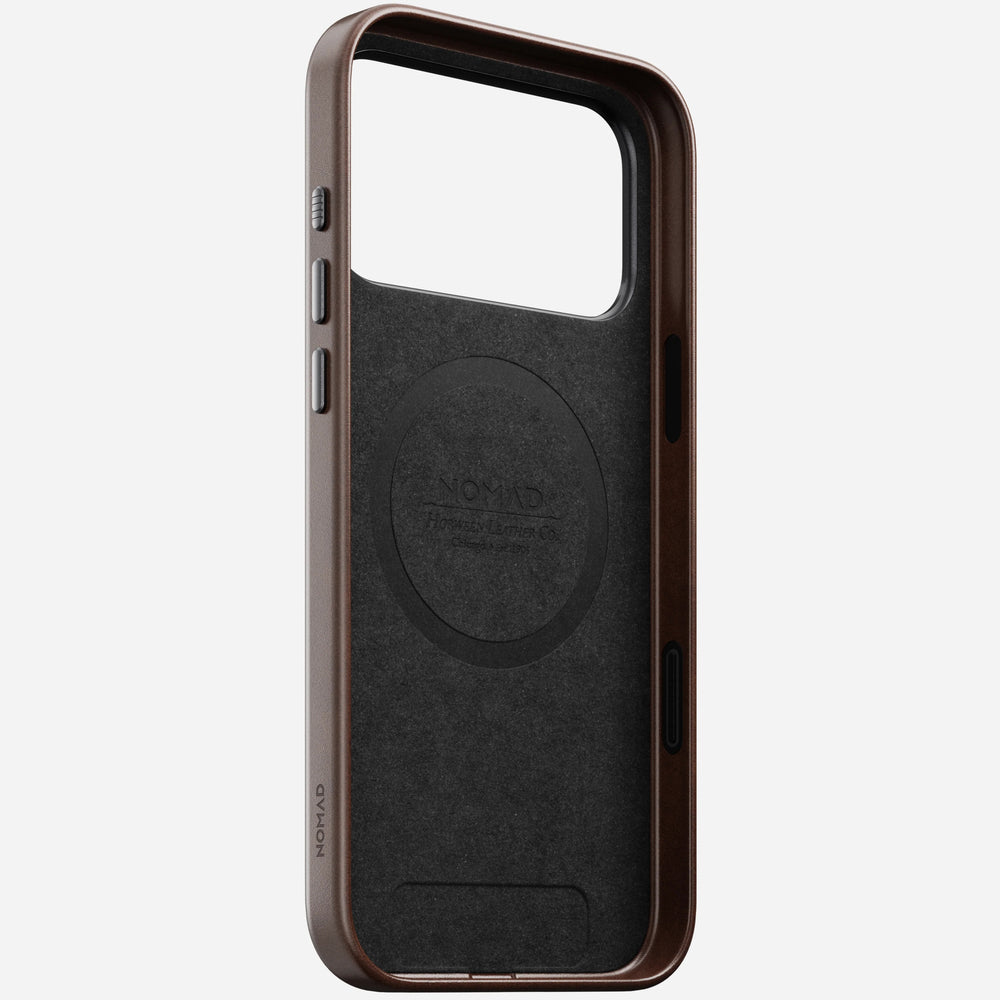 nomad horween case for iphone 17 pro rustic brown buttons detail