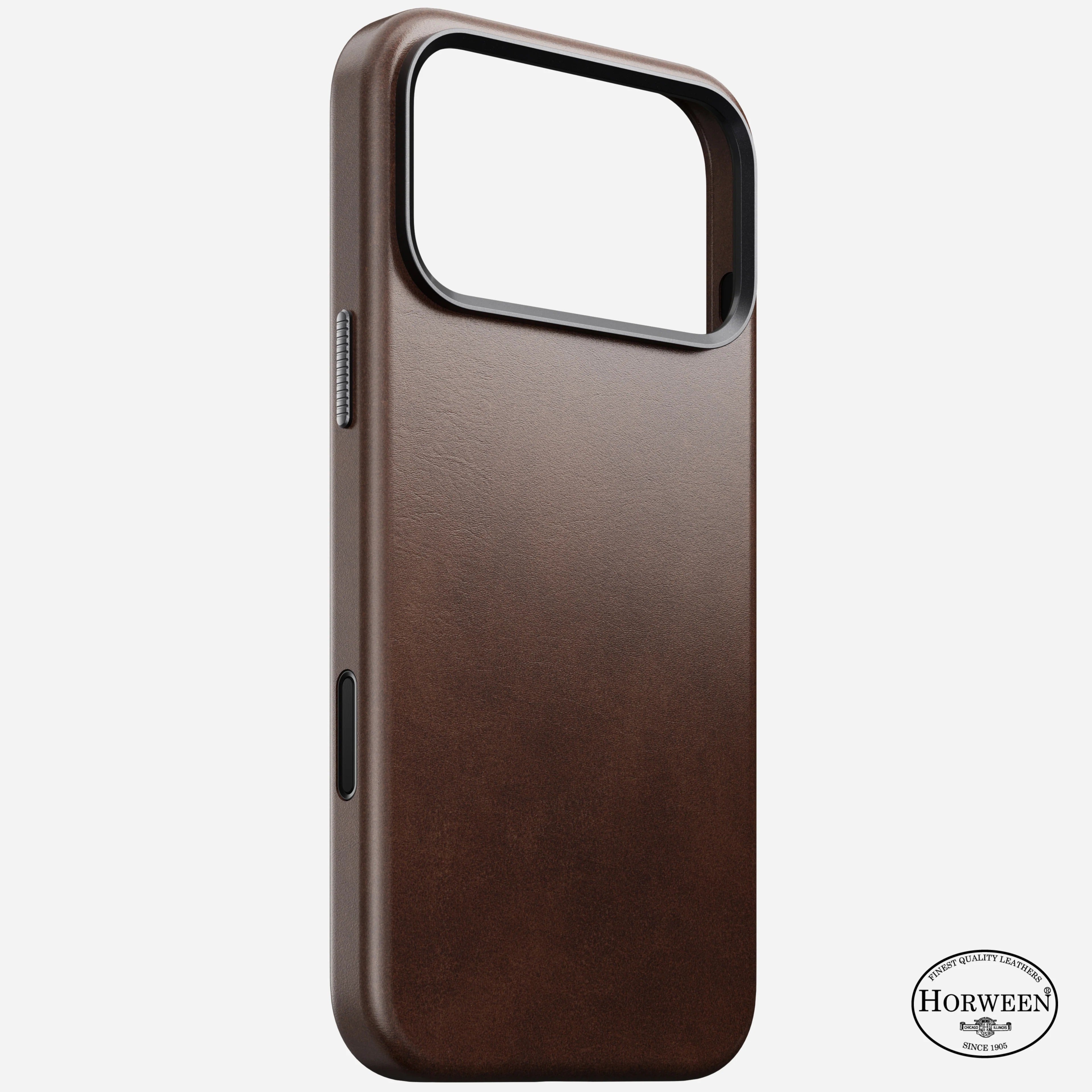 nomad horween case for iphone 17 pro max rustic brown buttons detail