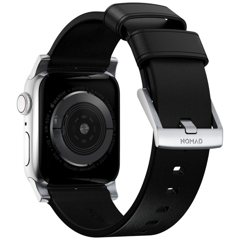 Nomad Modern Leather Watch Band 44 - 49mm Black with Silver Hardware - Black