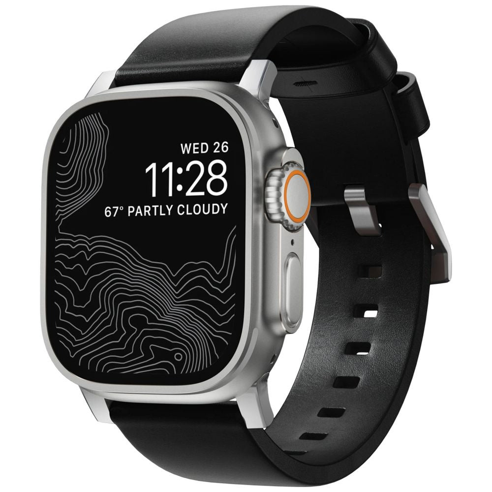 Nomad Modern Leather Watch Band 44 - 49mm Black with Silver Hardware - Black