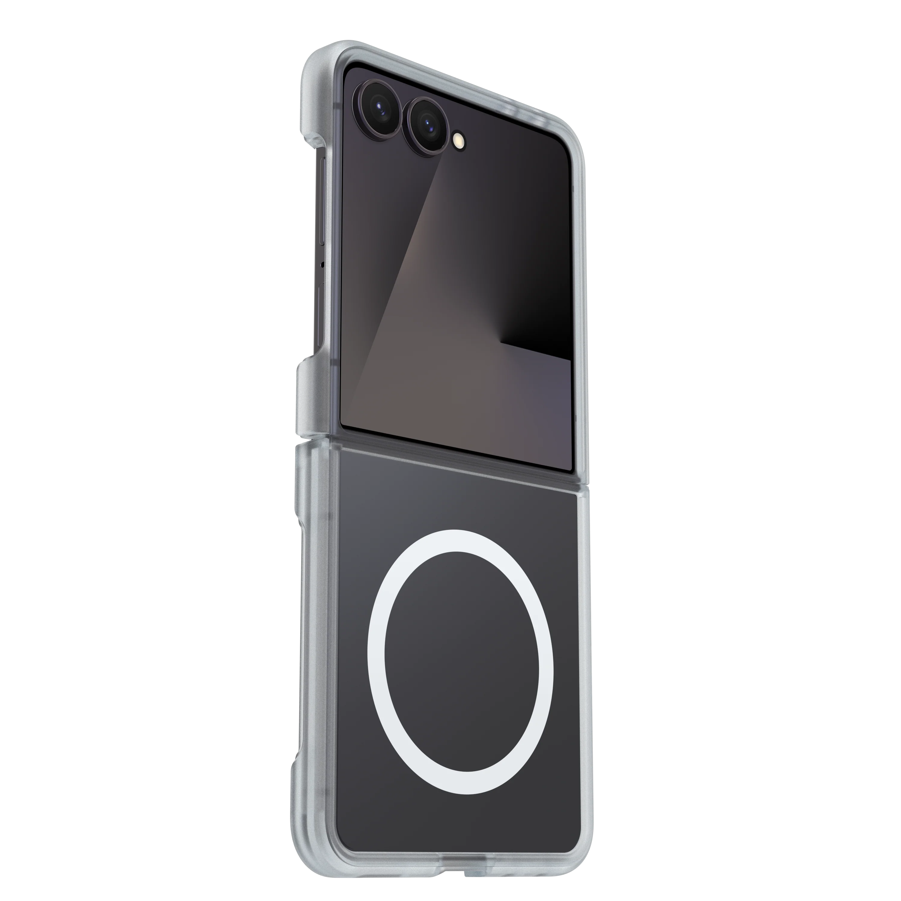 A clear protective case for a foldable smartphone, shown partially open on a solid white background. The case is transparent, allowing the dark screen of the phone to show through, with a white MagSafe-style ring printed on the back of the lower half.