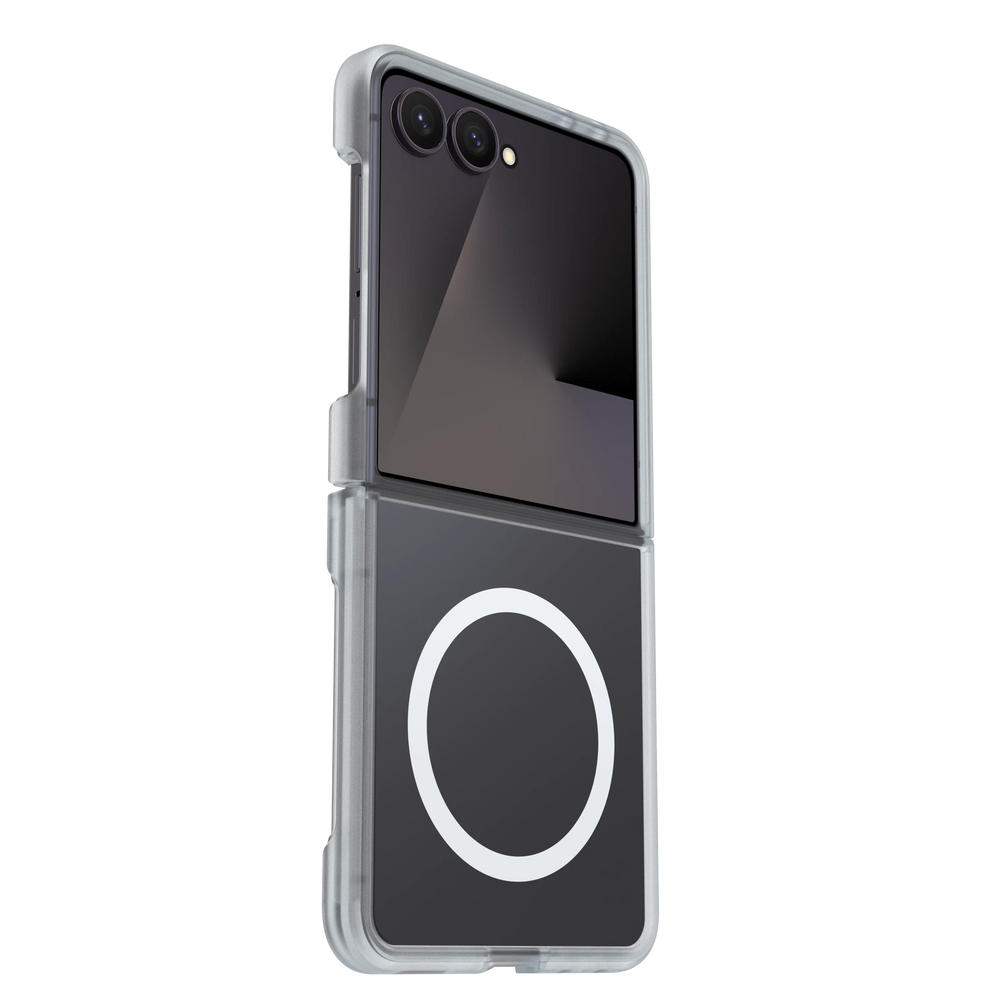 A clear protective case for a foldable smartphone, shown partially open on a solid white background. The case is transparent, allowing the dark screen of the phone to show through, with a white MagSafe-style ring printed on the back of the lower half.