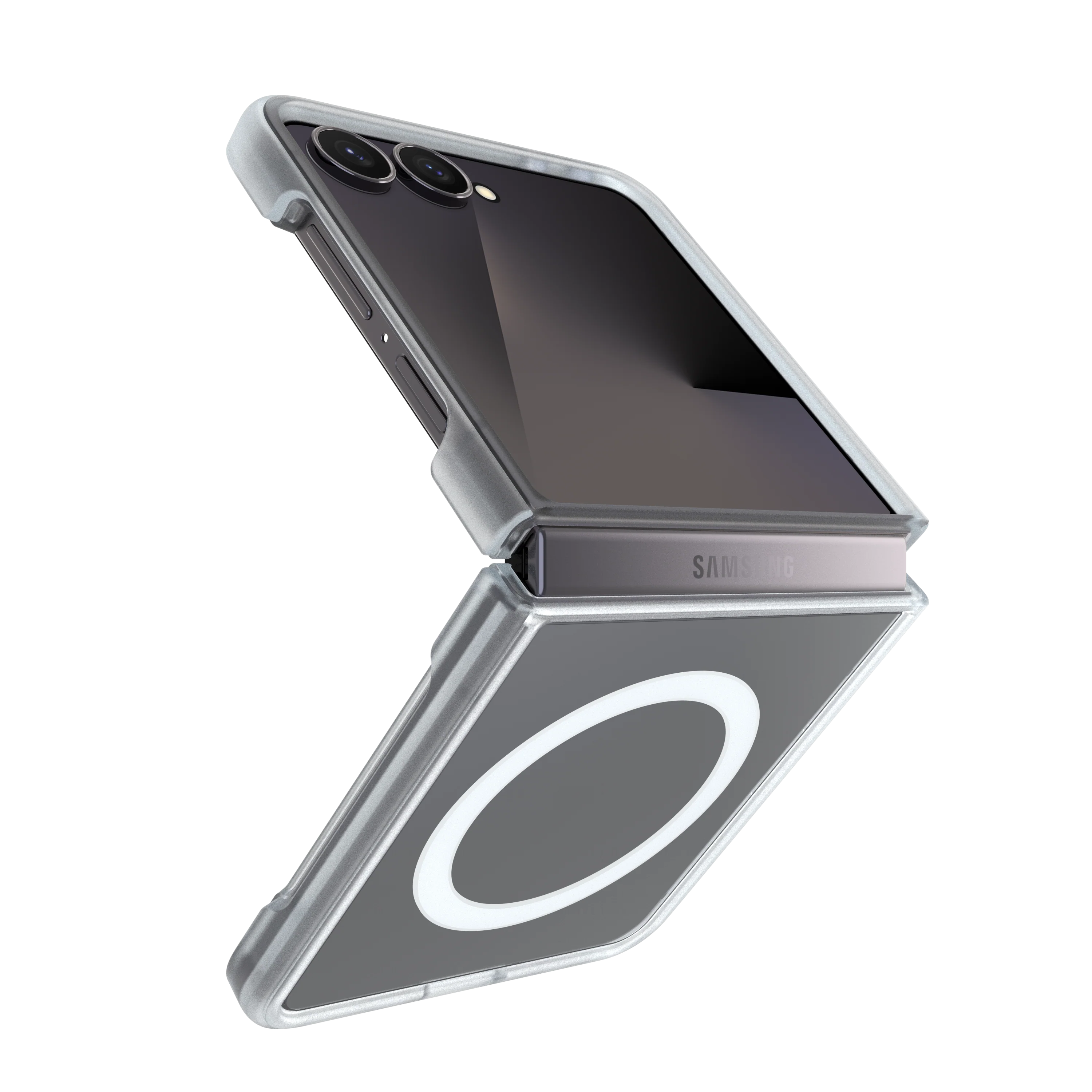 A clear protective case for a Samsung foldable smartphone, shown partially open against a solid white background.