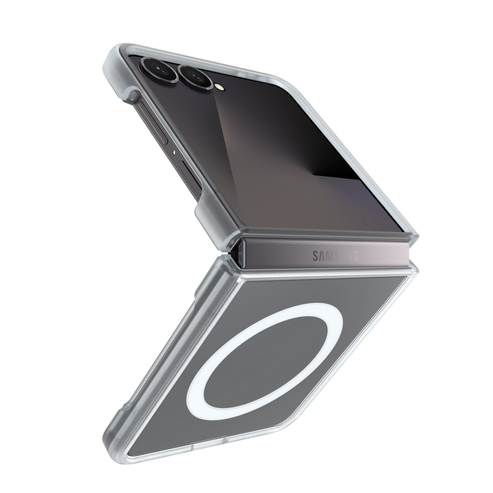 A clear protective case for a Samsung foldable smartphone, shown partially open against a solid white background.