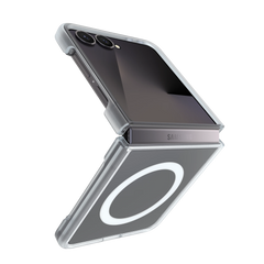 A clear protective case for a Samsung foldable smartphone, shown partially open against a solid white background.