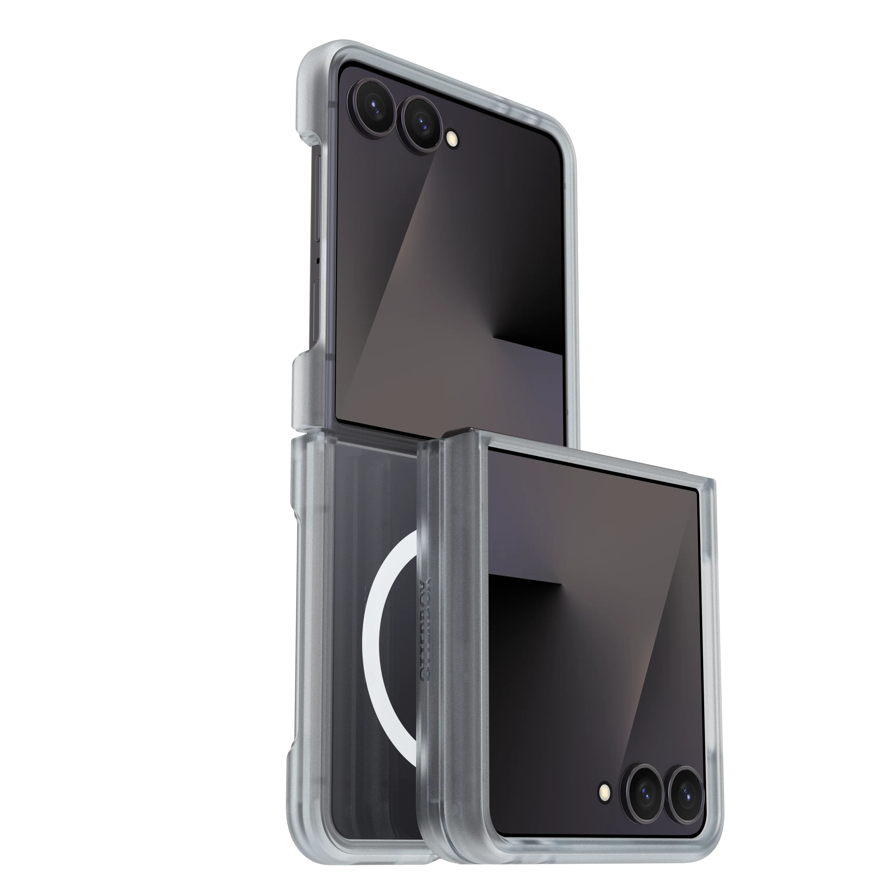 A clear protective case for a foldable smartphone, shown with the phone partially open and partially closed to demonstrate the transparent bumper and MagSafe-compatible ring design.