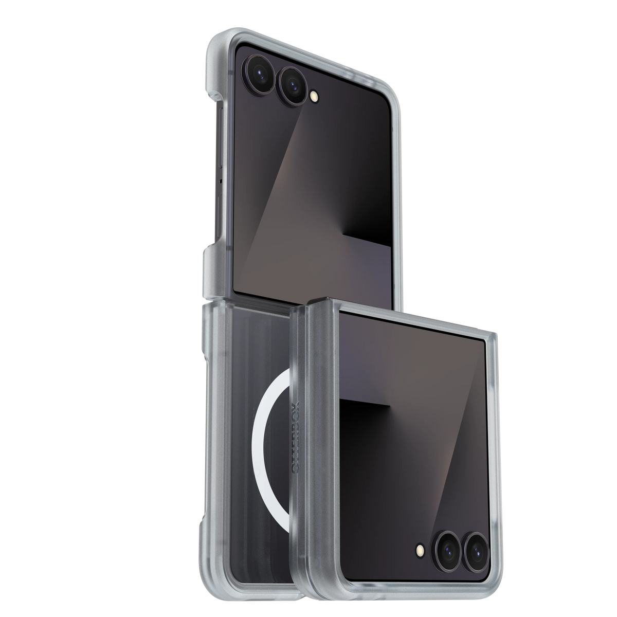 A clear protective case for a foldable smartphone, shown with the phone partially open and partially closed to demonstrate the transparent bumper and MagSafe-compatible ring design.
