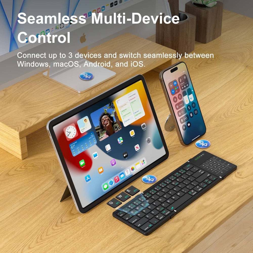 Multi-device pairing demo with smartphone, tablet, and laptop