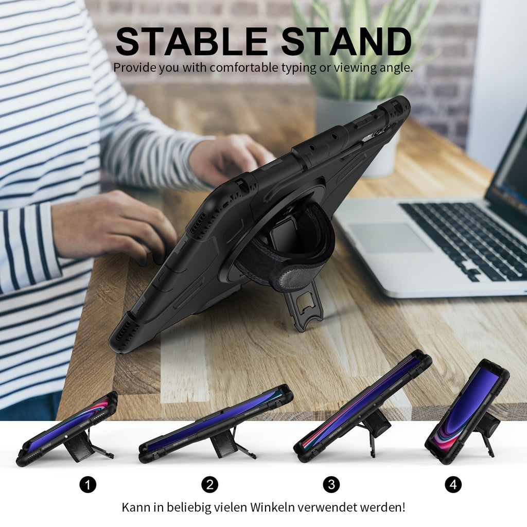 Rugged Case Hand & Shoulder Strap Samsung Tab S9 FE Plus / S9 Plus /S10 Plus- Black