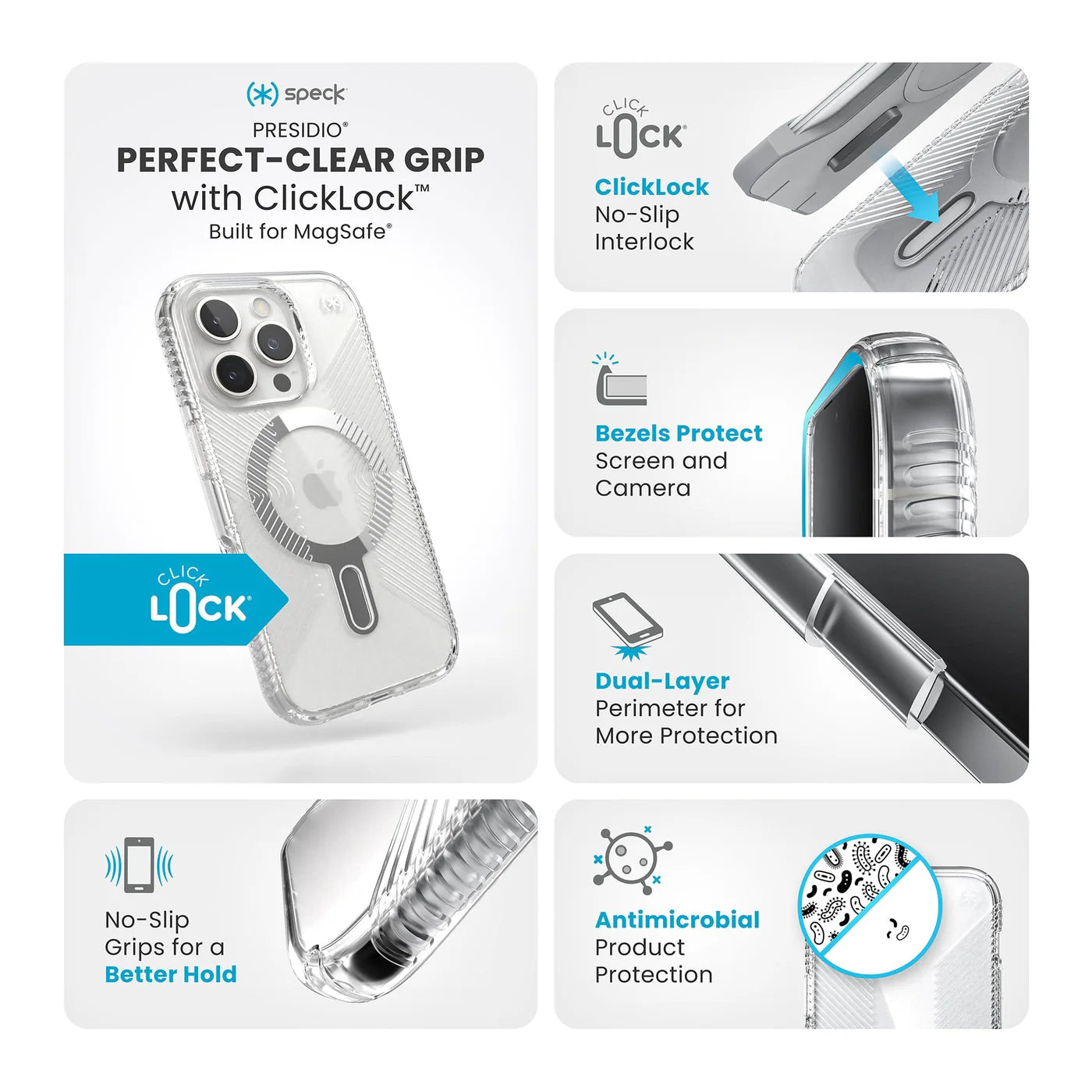 Speck Presidio Perfect-Clear Grip MagSafe with ClickLock iPhone 16 Pro Case - Clear Chrome