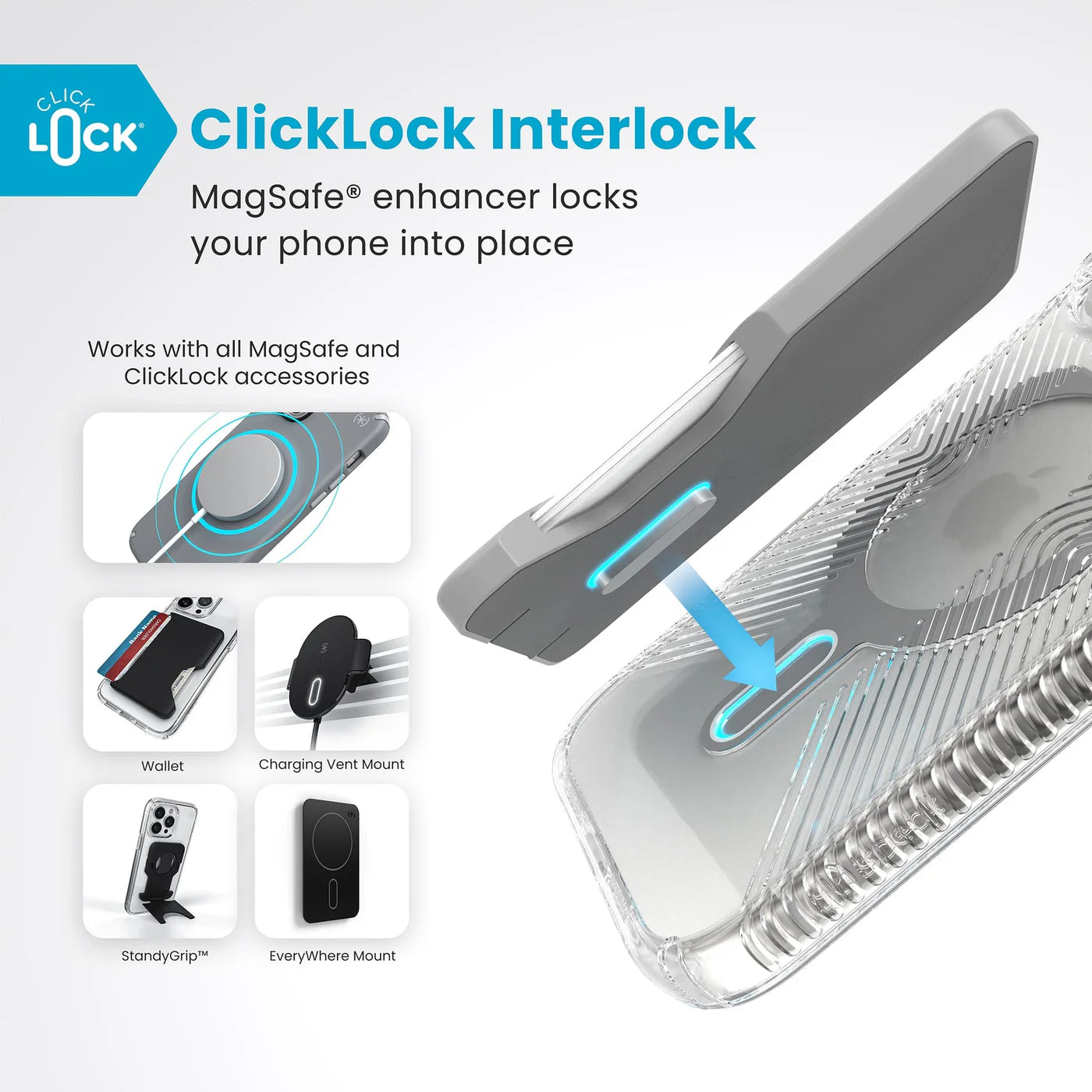 Speck Presidio Perfect-Clear Grip MagSafe with ClickLock iPhone 16 Pro Case - Clear Chrome